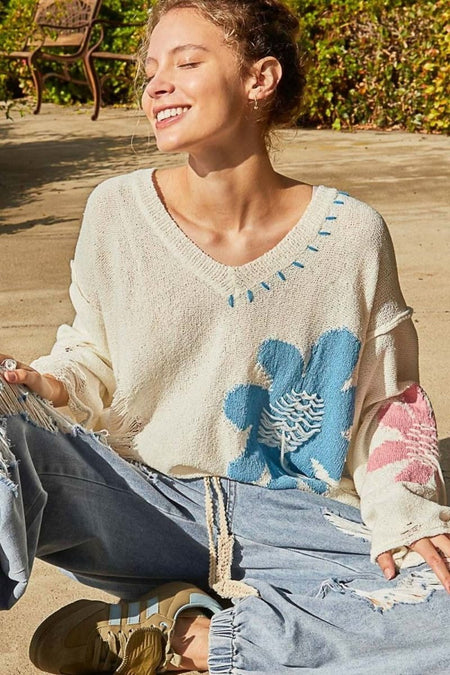 POL Distressed Flower V - Neck Dropped Shoulder Knit Top - Sleekdenim.com