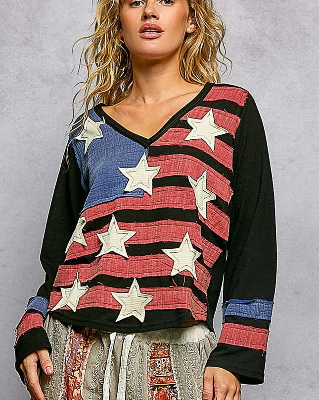 POL Double Gauze American Flag Patch V - Neck Long Sleeve T-Shirt - Sleekdenim.com