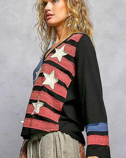 POL Double Gauze American Flag Patch V - Neck Long Sleeve T-Shirt - Sleekdenim.com