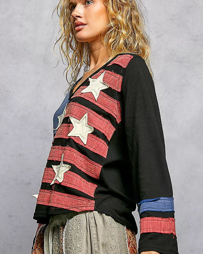 POL Double Gauze American Flag Patch V - Neck Long Sleeve T-Shirt - Sleekdenim.com