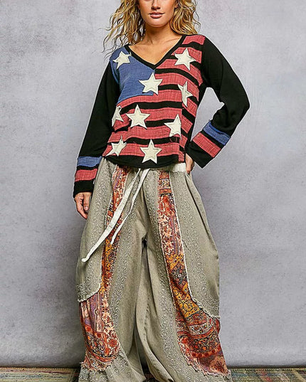 POL Double Gauze American Flag Patch V - Neck Long Sleeve T-Shirt - Sleekdenim.com