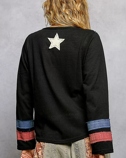 POL Double Gauze American Flag Patch V - Neck Long Sleeve T-Shirt - Sleekdenim.com