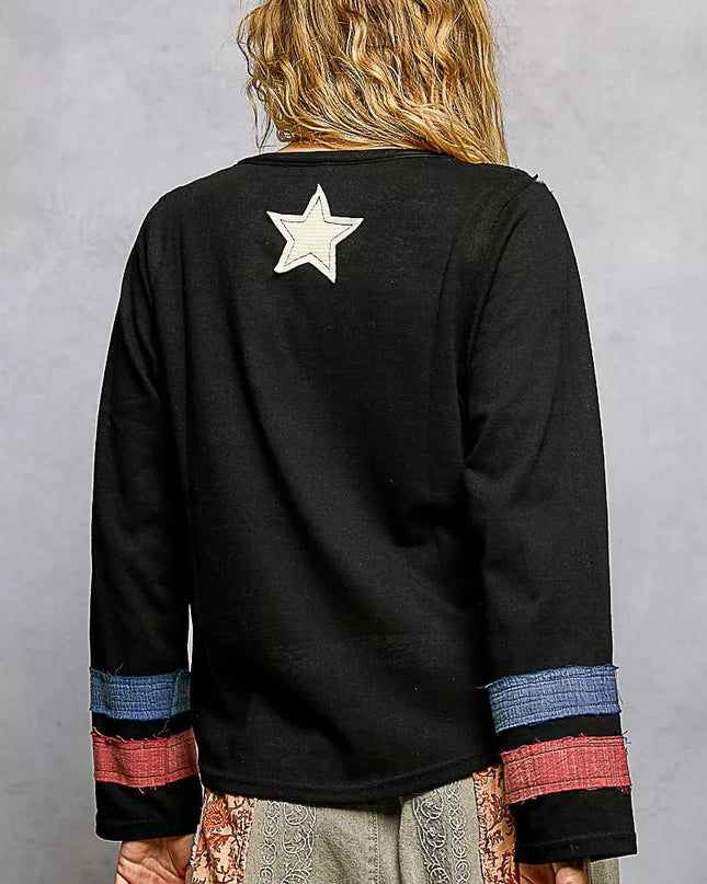 POL Double Gauze American Flag Patch V - Neck Long Sleeve T-Shirt - Sleekdenim.com