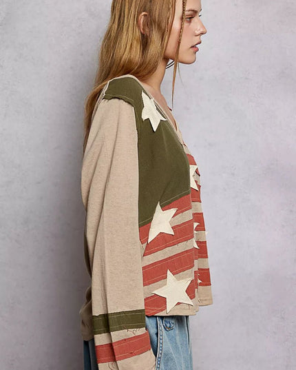 POL Double Gauze American Flag Patch V - Neck Long Sleeve T-Shirt - Sleekdenim.com