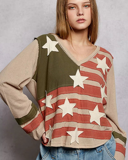 POL Double Gauze American Flag Patch V - Neck Long Sleeve T-Shirt - Sleekdenim.com