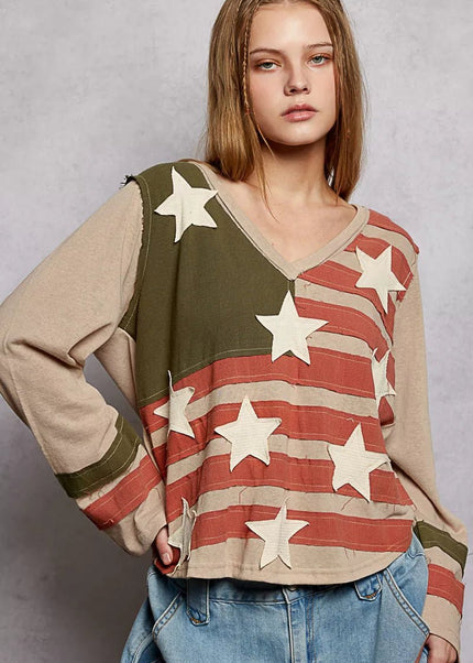 POL Double Gauze American Flag Patch V - Neck Long Sleeve T-Shirt - Sleekdenim.com
