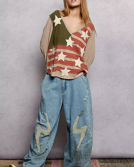 POL Double Gauze American Flag Patch V - Neck Long Sleeve T-Shirt - Sleekdenim.com