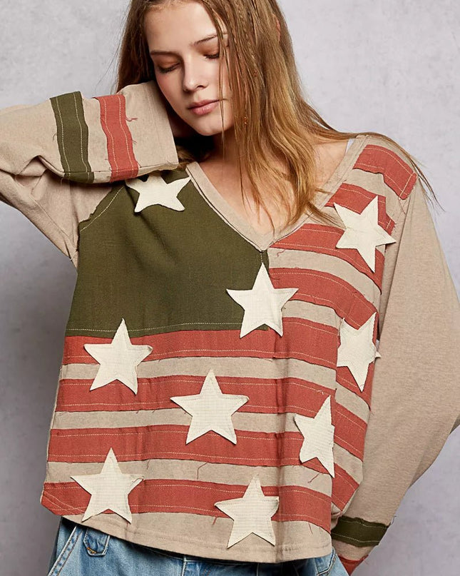 POL Double Gauze American Flag Patch V - Neck Long Sleeve T-Shirt - Sleekdenim.com