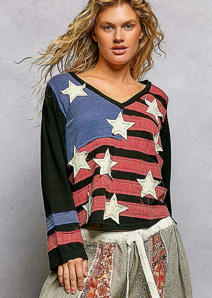 POL Double Gauze American Flag Patch V - Neck Long Sleeve T-Shirt - Sleekdenim.com
