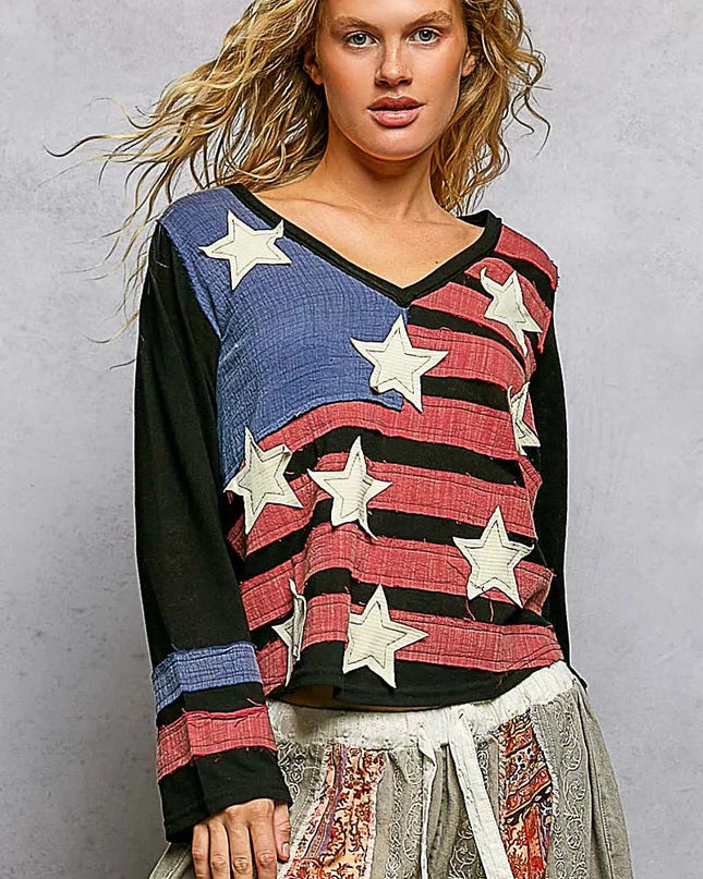 POL Double Gauze American Flag Patch V - Neck Long Sleeve T-Shirt - Sleekdenim.com