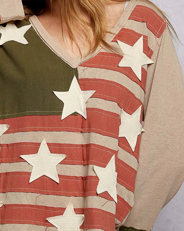 POL Double Gauze American Flag Patch V - Neck Long Sleeve T-Shirt - Sleekdenim.com