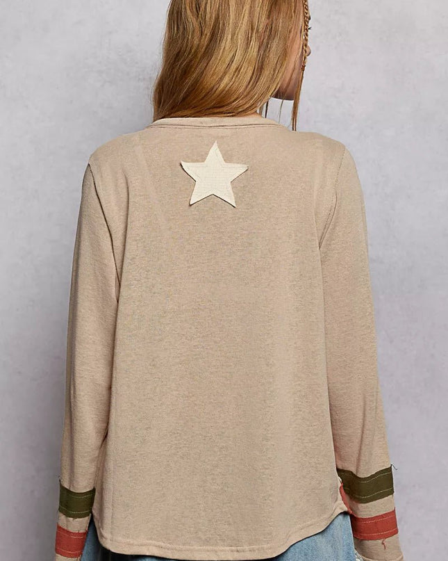 POL Double Gauze American Flag Patch V - Neck Long Sleeve T-Shirt - Sleekdenim.com