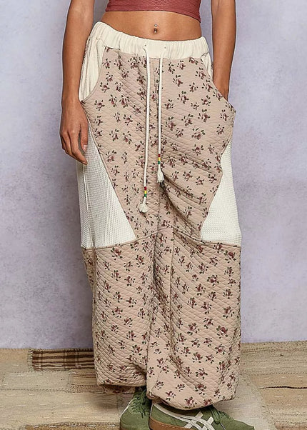 POL Drawstring Quilted Printed Knit Floral Pants with Double Gauze Patchwork - Sleekdenim.com