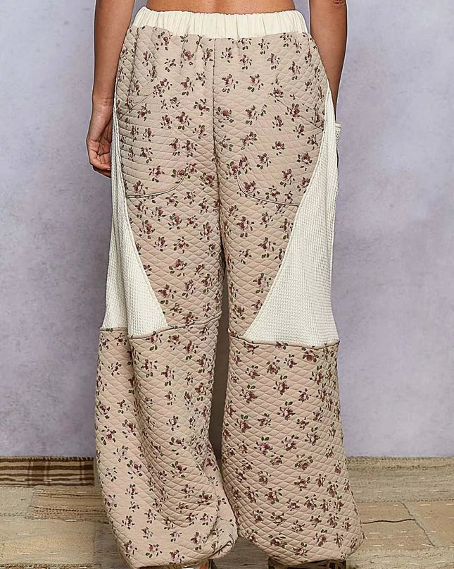 POL Drawstring Quilted Printed Knit Floral Pants with Double Gauze Patchwork - Sleekdenim.com