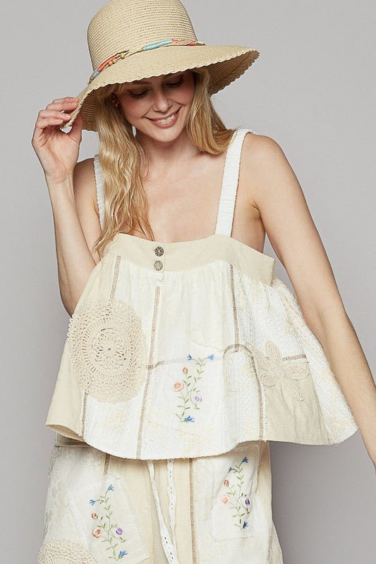 POL Embroidered Crochet Lace Patch Square Neck Cami - Sleekdenim.com