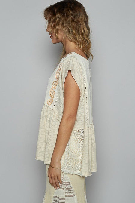 POL Embroidered Detail Boat Neck Cap Sleeve Lace Blouse - Sleekdenim.com