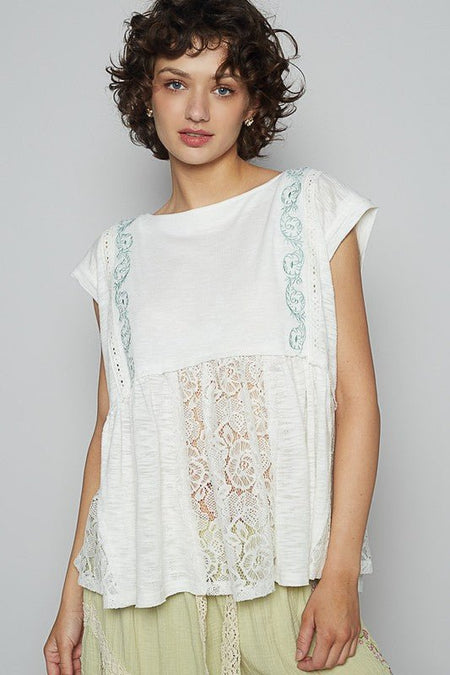 POL Embroidered Detail Boat Neck Cap Sleeve Lace Blouse - Sleekdenim.com