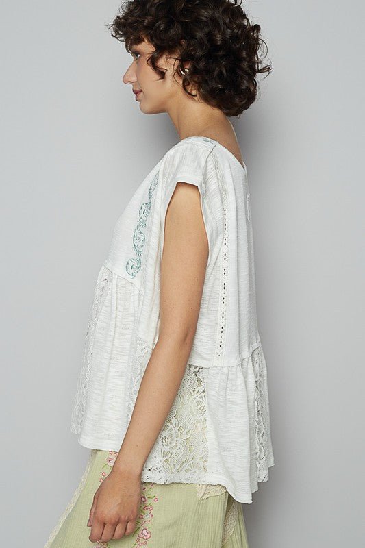 POL Embroidered Detail Boat Neck Cap Sleeve Lace Blouse - Sleekdenim.com