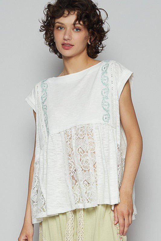 POL Embroidered Detail Boat Neck Cap Sleeve Lace Blouse - Sleekdenim.com