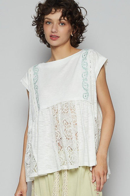 POL Embroidered Detail Boat Neck Cap Sleeve Lace Blouse - Sleekdenim.com