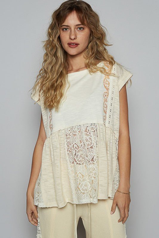 POL Embroidered Detail Boat Neck Cap Sleeve Lace Blouse - Sleekdenim.com