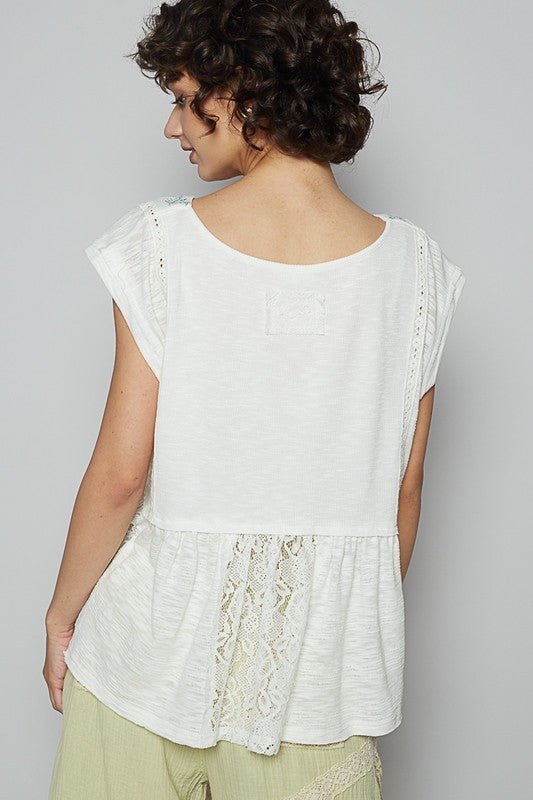 POL Embroidered Detail Boat Neck Cap Sleeve Lace Blouse - Sleekdenim.com