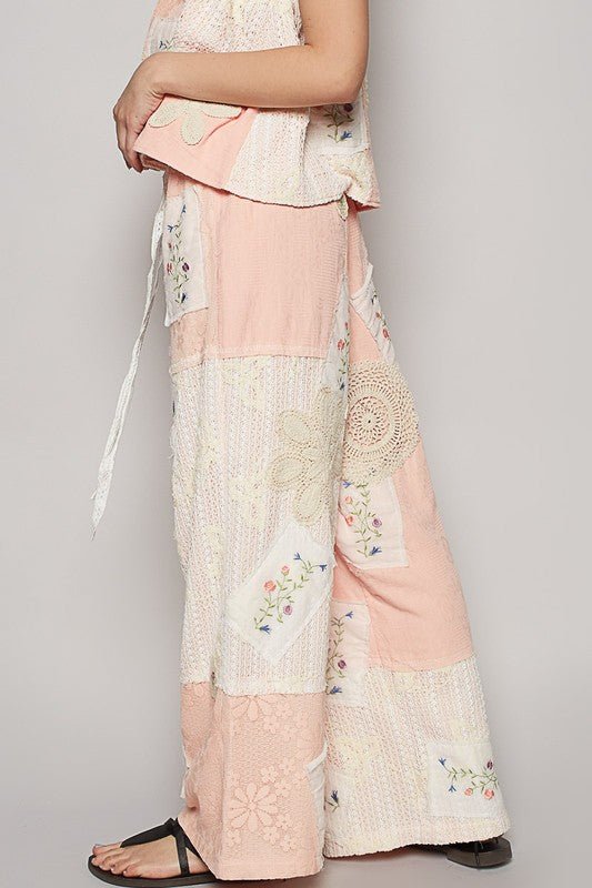 POL Embroidered Drawstring Lace Patch Wide Leg Pants - Sleekdenim.com