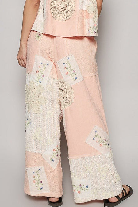 POL Embroidered Drawstring Lace Patch Wide Leg Pants - Sleekdenim.com