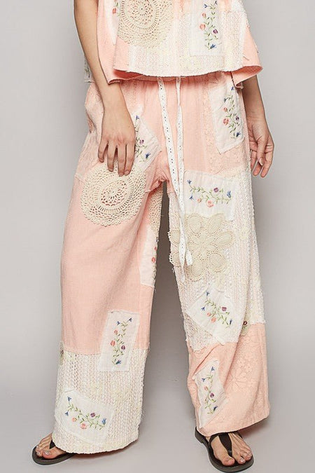 POL Embroidered Drawstring Lace Patch Wide Leg Pants - Sleekdenim.com