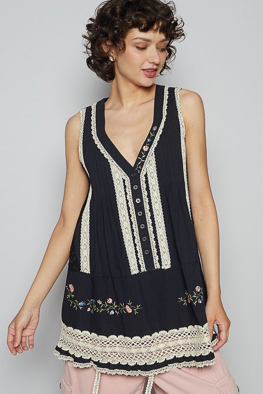 POL Embroidered Lace Detail V - Neck Sleeveless Top - Sleekdenim.com