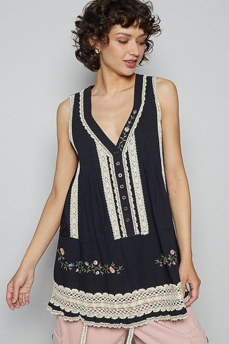 POL Embroidered Lace Detail V - Neck Sleeveless Top - Sleekdenim.com