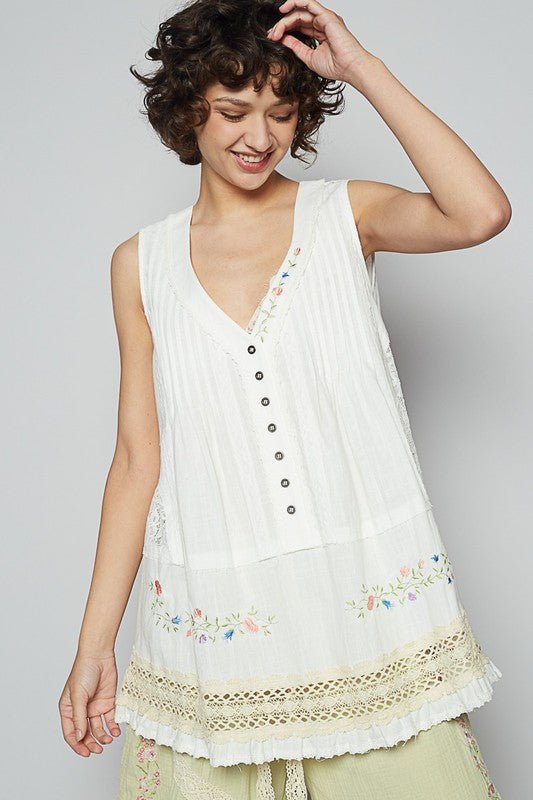 POL Embroidered Lace Detail V - Neck Sleeveless Top - Sleekdenim.com