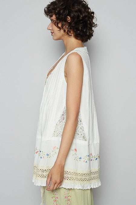 POL Embroidered Lace Detail V - Neck Sleeveless Top - Sleekdenim.com