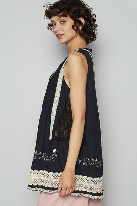 POL Embroidered Lace Detail V - Neck Sleeveless Top - Sleekdenim.com