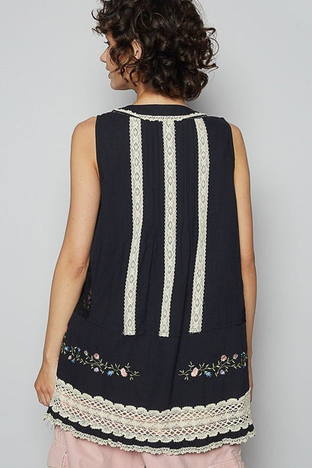 POL Embroidered Lace Detail V - Neck Sleeveless Top - Sleekdenim.com