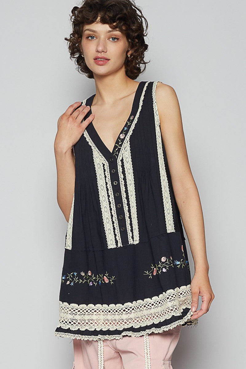 POL Embroidered Lace Detail V - Neck Sleeveless Top - Sleekdenim.com