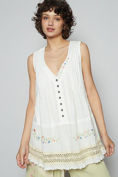 POL Embroidered Lace Detail V - Neck Sleeveless Top - Sleekdenim.com