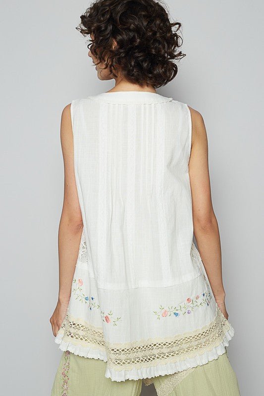 POL Embroidered Lace Detail V - Neck Sleeveless Top - Sleekdenim.com