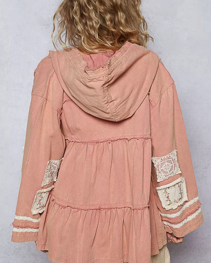 POL Embroidered Patch Hooded Jacket with Lace Detail - Sleekdenim.com