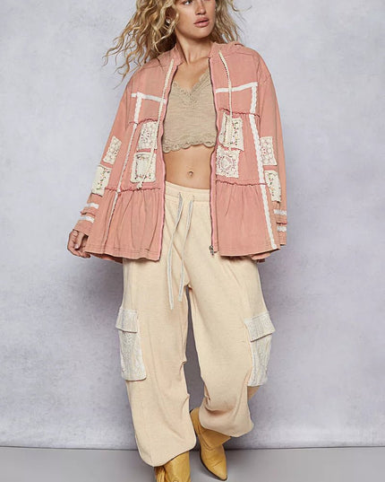 POL Embroidered Patch Hooded Jacket with Lace Detail - Sleekdenim.com