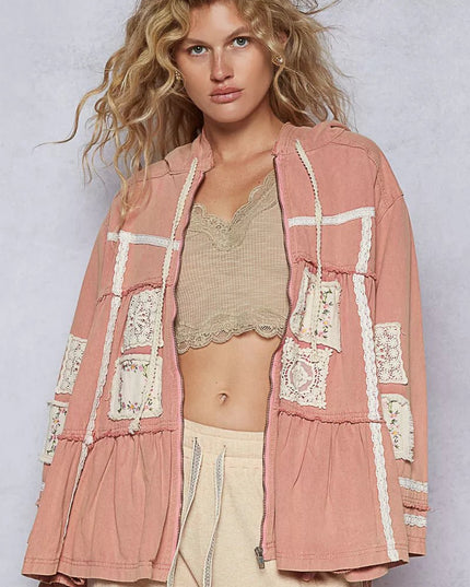 POL Embroidered Patch Hooded Jacket with Lace Detail - Sleekdenim.com