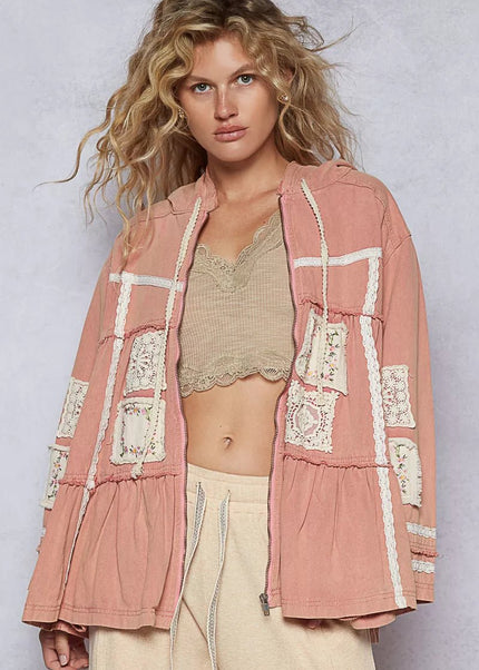 POL Embroidered Patch Hooded Jacket with Lace Detail - Sleekdenim.com