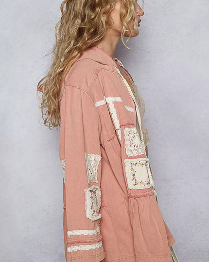 POL Embroidered Patch Hooded Jacket with Lace Detail - Sleekdenim.com