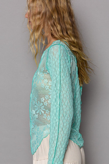 POL Exposed Seam Long Sleeve Lace Knit Top - Sleekdenim.com