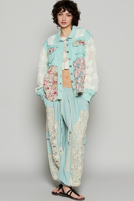 POL Floral Crochet Lace Frayed Edge Button Up Shacket - Sleekdenim.com