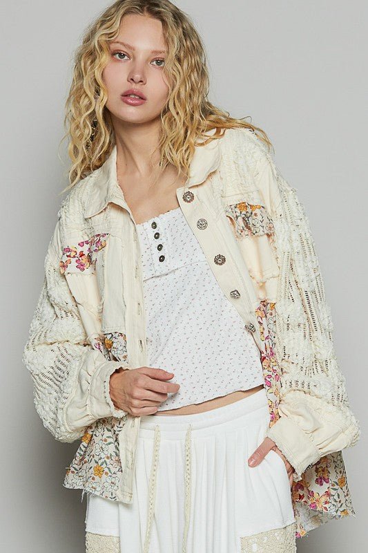 POL Floral Crochet Lace Frayed Edge Button Up Shacket - Sleekdenim.com