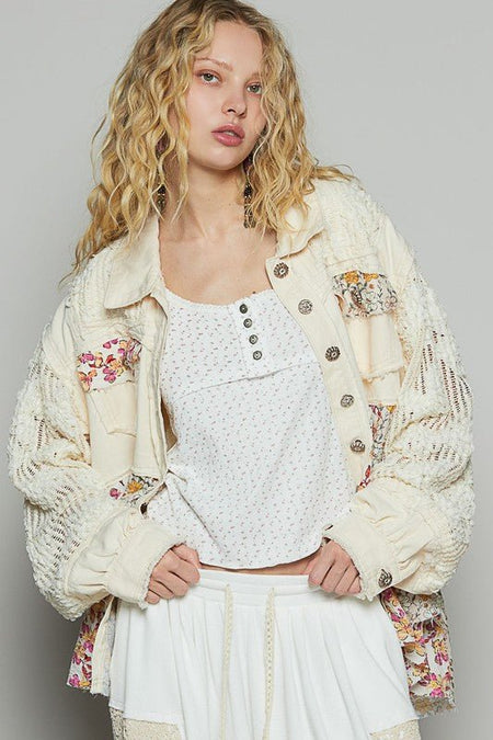 POL Floral Crochet Lace Frayed Edge Button Up Shacket - Sleekdenim.com