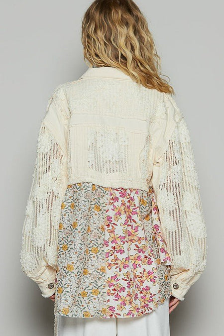 POL Floral Crochet Lace Frayed Edge Button Up Shacket - Sleekdenim.com