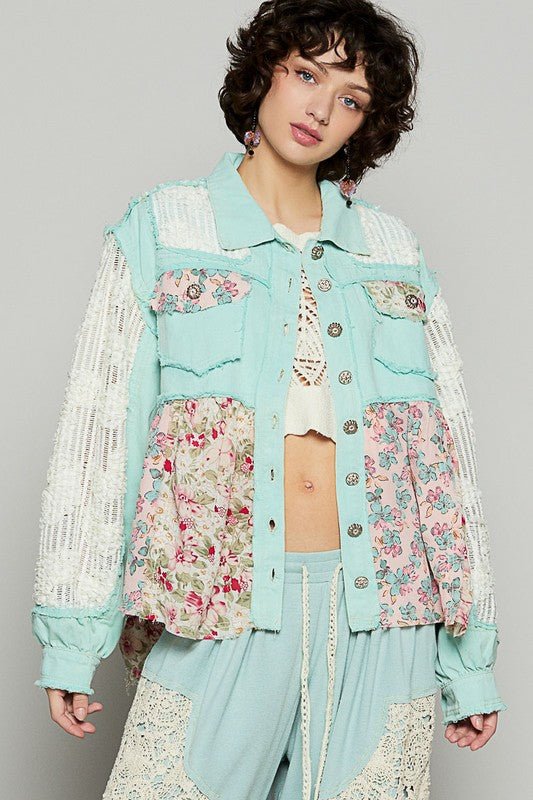 POL Floral Crochet Lace Frayed Edge Button Up Shacket - Sleekdenim.com