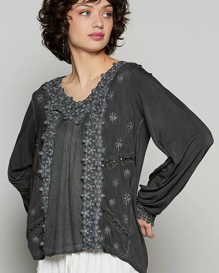 POL Floral Embroidery Woven Top with Lace Trim - Sleekdenim.com